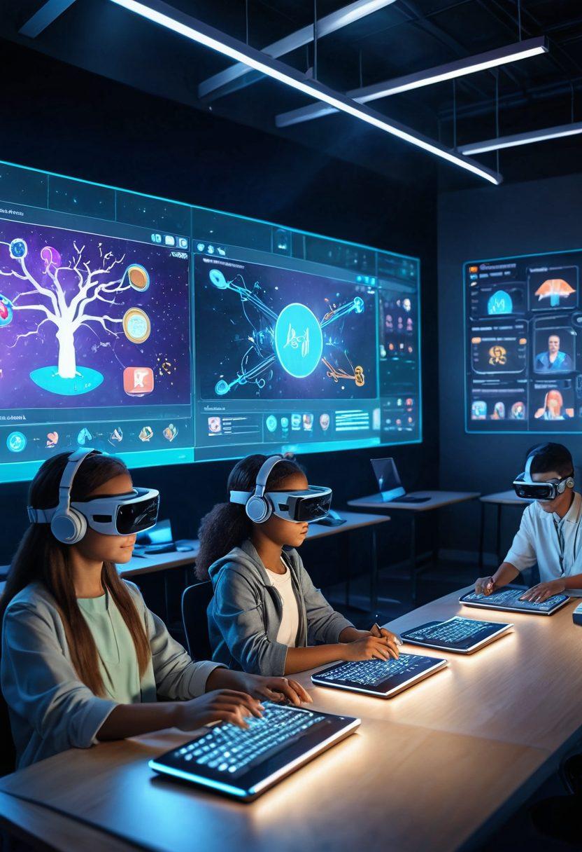 A futuristic digital classroom where students are engaged with holographic lessons, VR headsets, and interactive smart boards. The teacher guides them through a massively interconnected online platform, with a background showing a blend of modern technology and traditional educational elements. super-realistic. vibrant colors. dynamic composition.