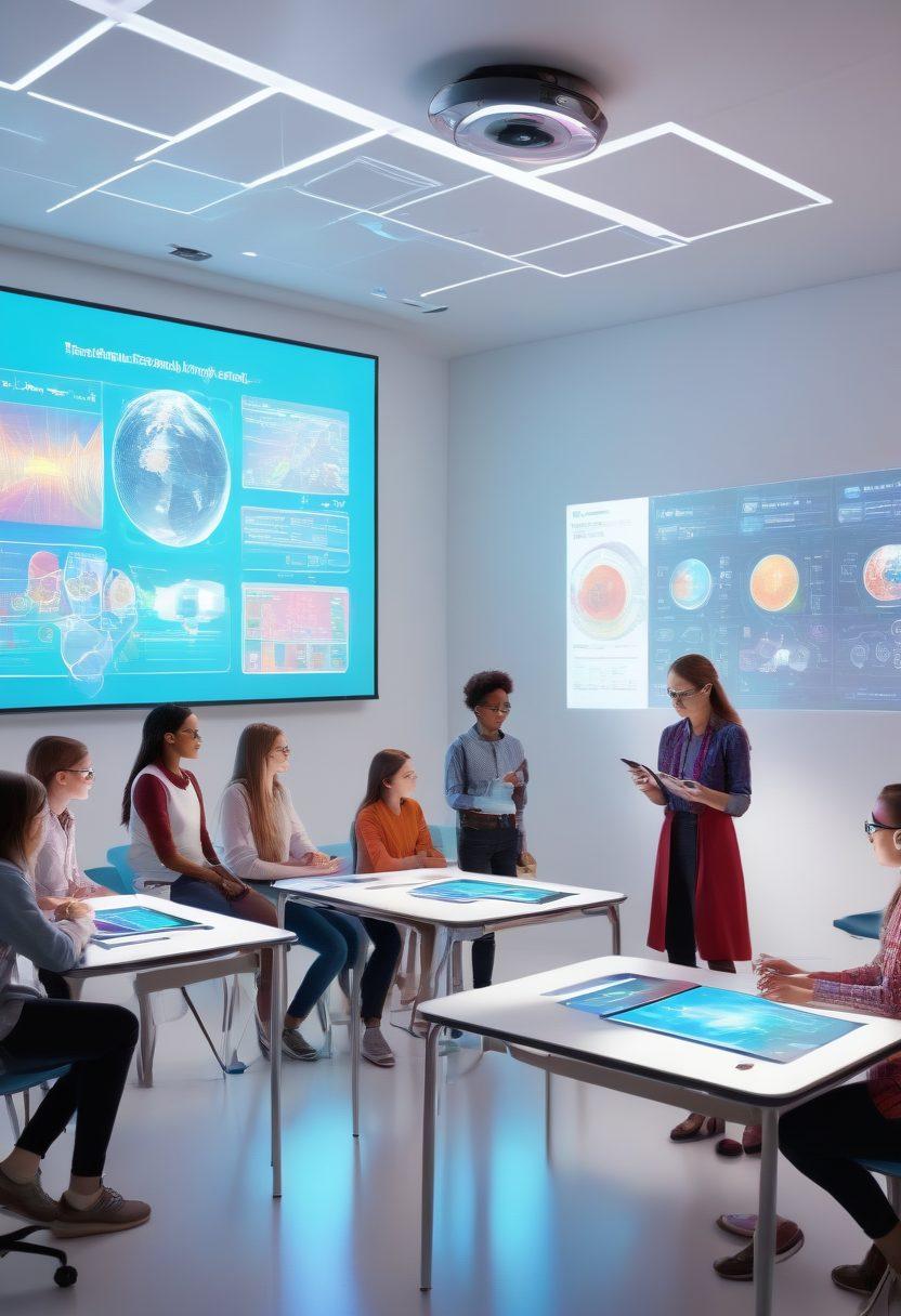 A futuristic classroom where students are engaged with holographic projectors, VR headsets, and tablets. Teachers interact through digital whiteboards, and the room is filled with vibrant visuals of data and animations. The background shows a mix of traditional and digital elements in harmony. super-realistic. vibrant colors. white background.